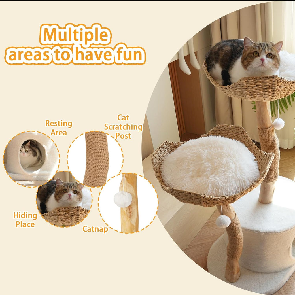 Natural Modern Cat Tree Tower - Wooden Cat Condo with Dangling Ball, Cozy Baskets, Scratching Posts, for Large Indoor