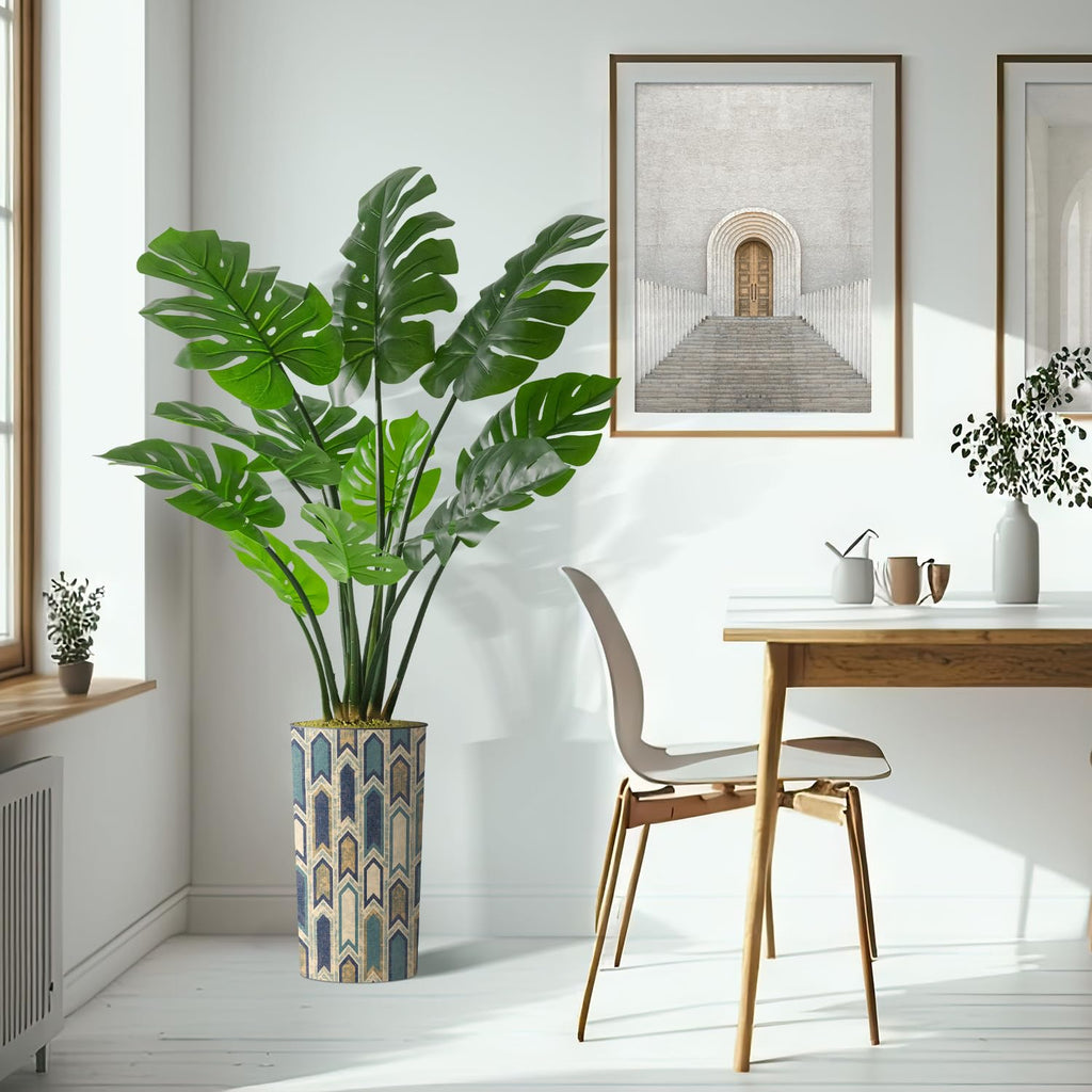 Artificial Tree in Modern Polygon Pattern Effect Planter, Fake Monstera Silk Tree for Indoor and Outdoor Home