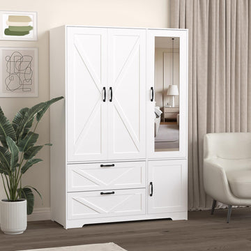 72'' Armoire Wardrobe Closet with Mirror Door & Light, Farmhouse Bedroom Clothes Cabinet with 4 Doorrs + Hanging Rod