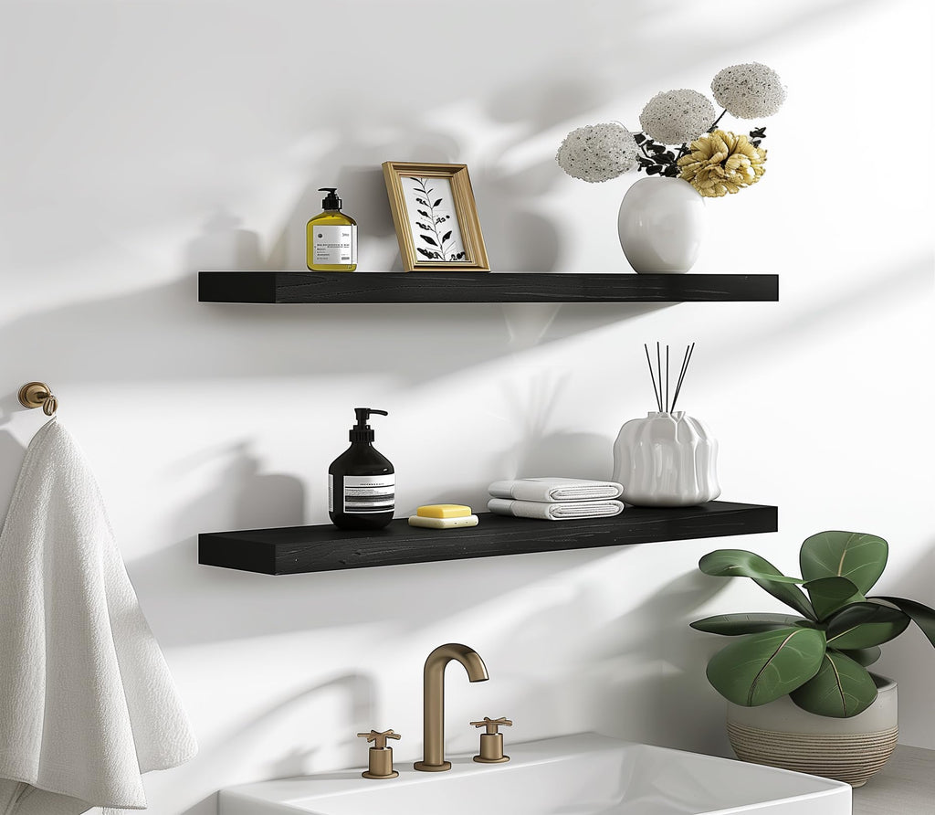 24 Inch Wood Floating Shelves for Wall, Wooden Wall Shelves, Set of 6 Black