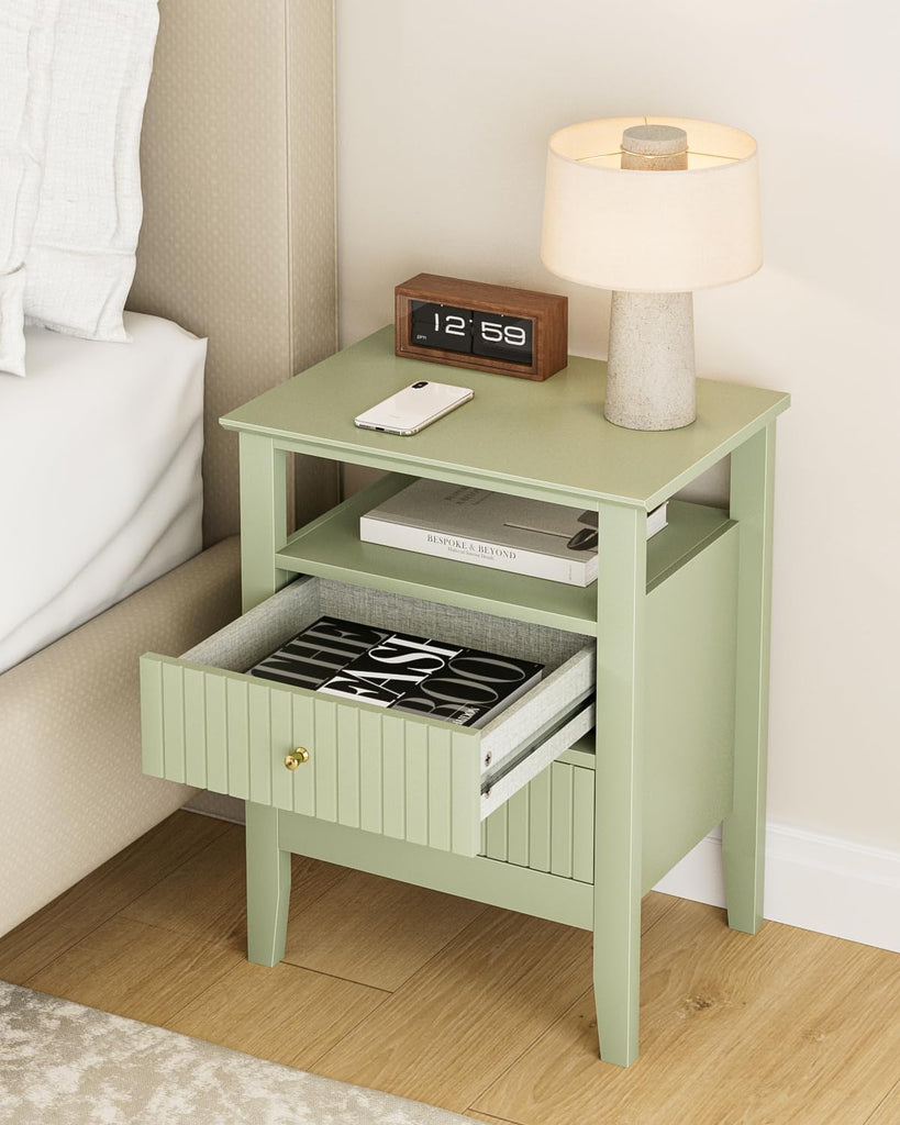 Fluted Nightstand, Farmhouse Night Stand with 2 Drawers, Mid Century Modern Side Accent Table, Bedside End Table