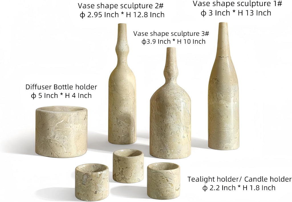Natural Marble Home Decor Set: Luxury 7-Piece Vase & Candle Holder Collection - Golden Beige Stone Accessories &