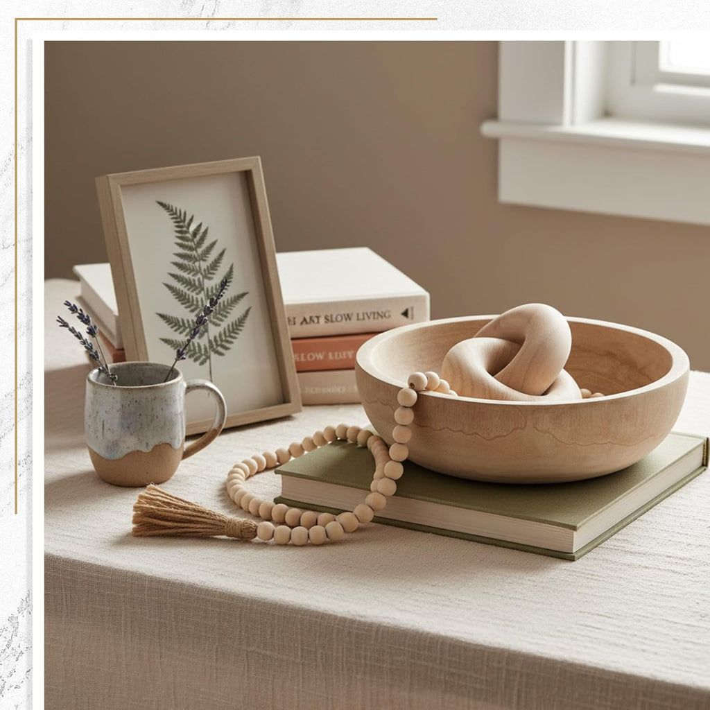 Farmhouse Wooden Decoration Set, Wooden Bowl, Chain, Beads, Suitable , Bohemian, Coffee Table, Bedroom