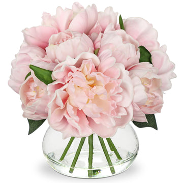 Pink Peonies Artificial Flowers with Vase Faux Peonies Look Real Peony Fake Flowers Silk Flower Arrangements in Glass