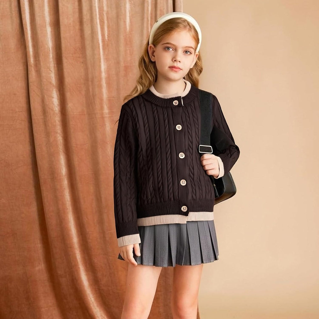 Girls Fake Two-Piece Cardigan Cable Knit Sweater Kids Cute Coat