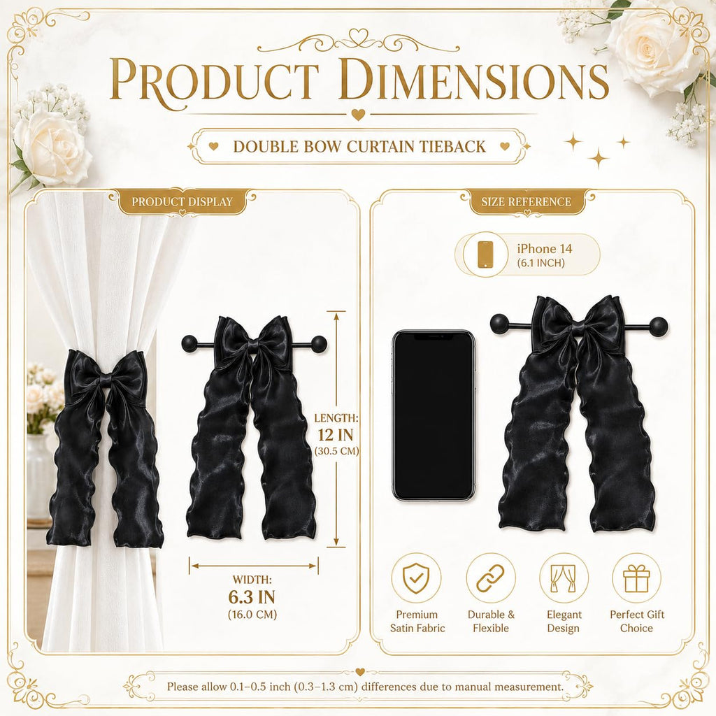 Strong Magnetic Black Bow Curtain Tiebacks, Coqueta Lace Ribbon Curtain Holdbacks, Adjustable Drapery Clips - 2PCS