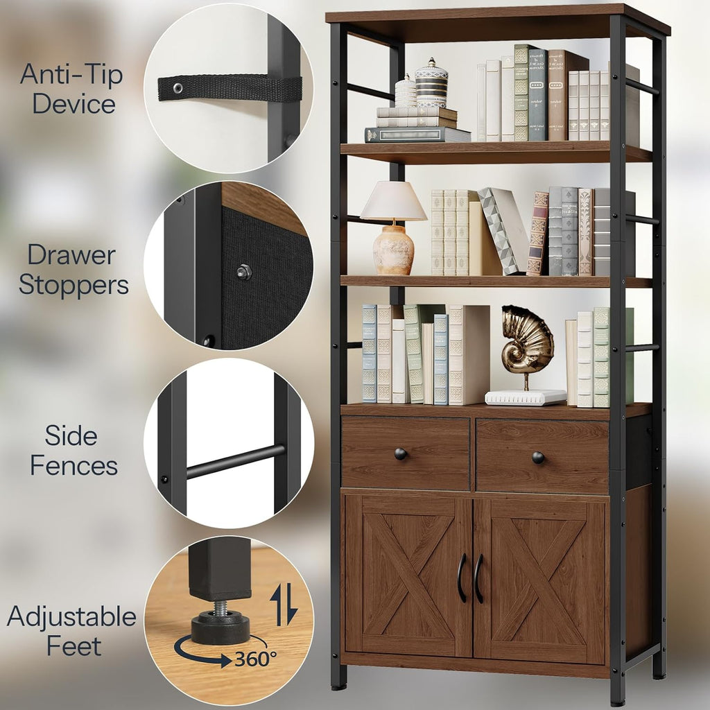 Bookshelf with Doors, Rustic Bookshelf with Drawers, Industrial Display Standing Shelf Units