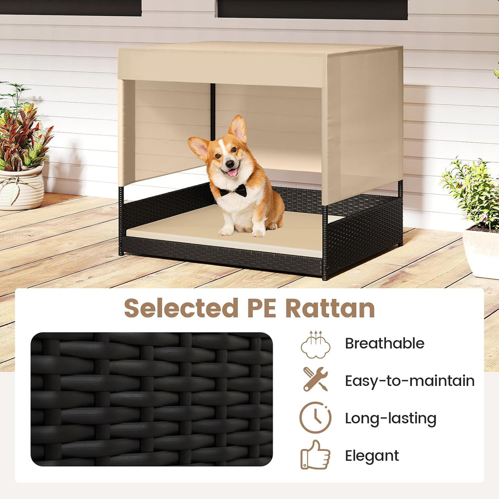 Elevated Wicker Dog House for Small to Medium Breeds, Raised Rattan Pet Sofa Bed with Removable Cushion, Canopy Roof