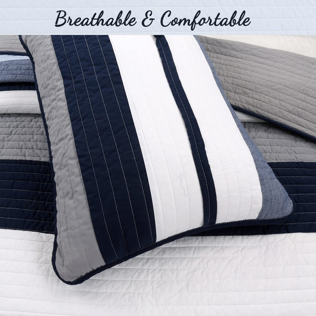 Tranquil Blue Gray Striped 100% Cotton Quilt Bedding Set, Reversible Coverlet, Bedspread (Rendon - 2 Piece)