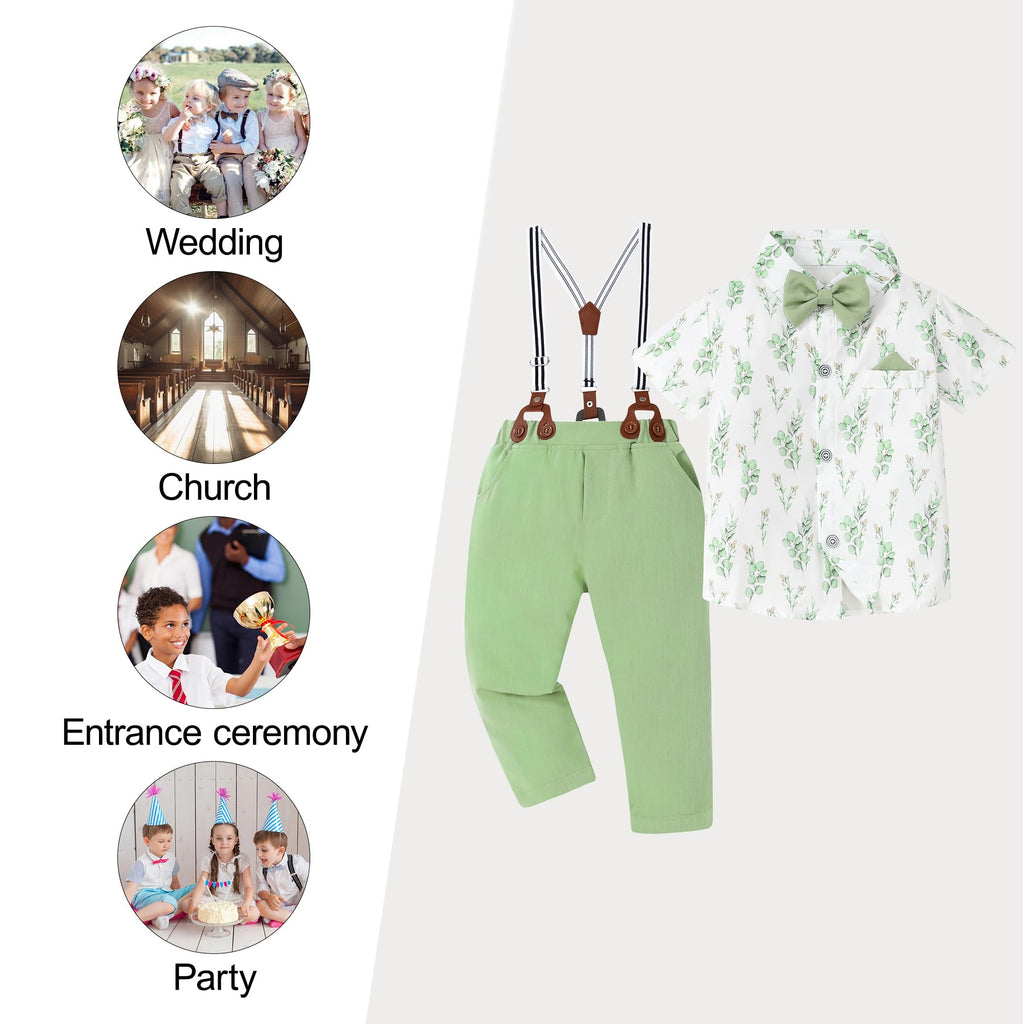 Baby Boy Dress Clothes Set Printed Shirt Aqua Green Suspender Pants Outfits Toddler Boy 12-18