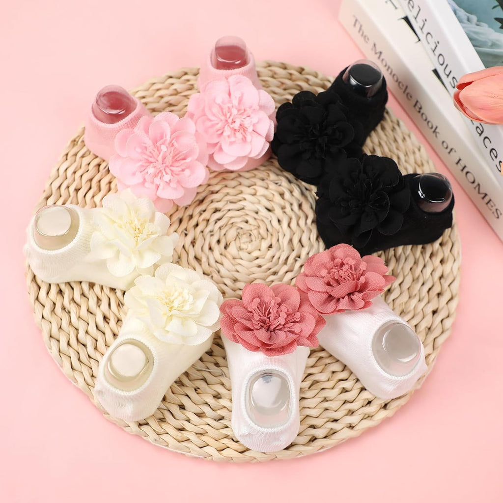 Baby Girl Socks with Non-Slip Grips, 4 Pairs Cute Soft Cotton Breathable Flower Infant Ankle Socks