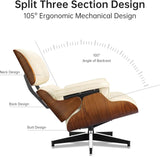 Mid-Century Modern Lounge Chair & Ottoman — Cream Bonded Grain Leather, Walnut Base, Tall Back