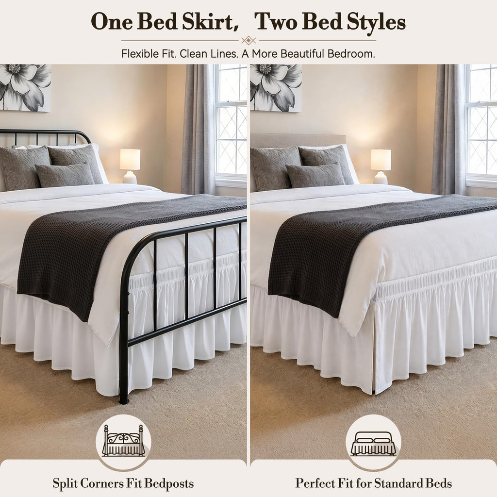Queen Bed Skirt 15 Inch Drop, Elastic Wrap Around with Split Corners