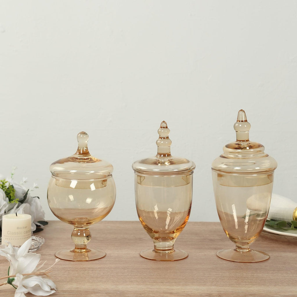 Set of 3 Amber Gold Apothecary Glass Jars with Snap On Lids, Decorative Footed Storage Jars Candy Buffet Containers