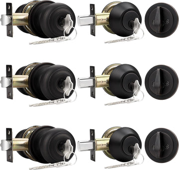 Entry Door Knob Lock Set and Single Cylinder Deadbolt Combination Set, Oil-Rubbed Bronze (3 Pack) Keyed Alike