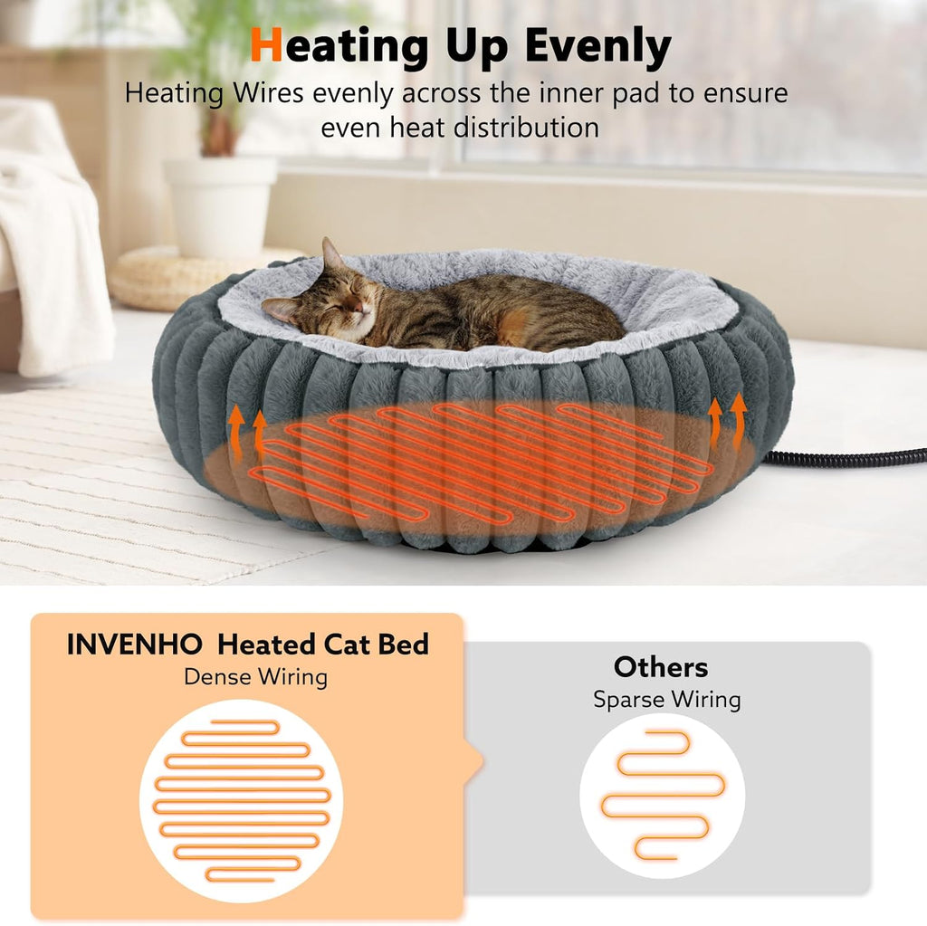 Heated Cat Beds for Indoor Cats and Small Dogs, Cozy Donut Heated Pet Bed with Timer & Temp Adjustable, Removable