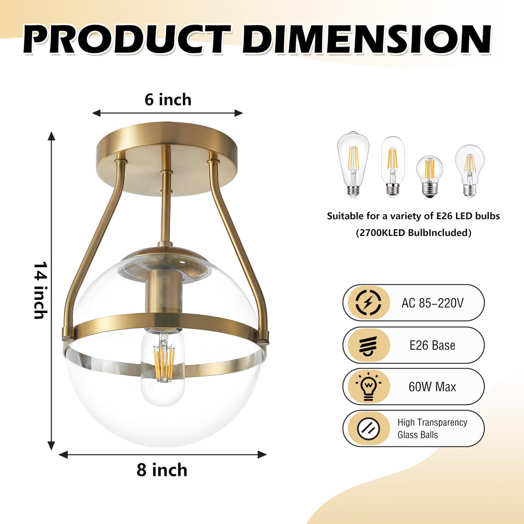 8 Inch Mid Century Ceiling Light Modern Gold Semi Flush Mount Ceiling Light with Clear Glass Shade Globe Semi Flush