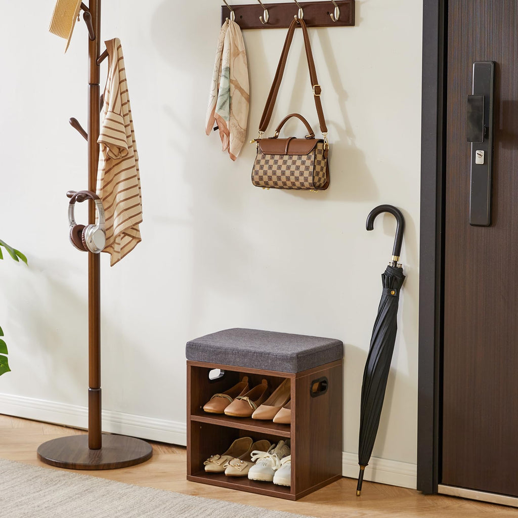 Small Shoe Storage Bench with Cushion, Light Walnut