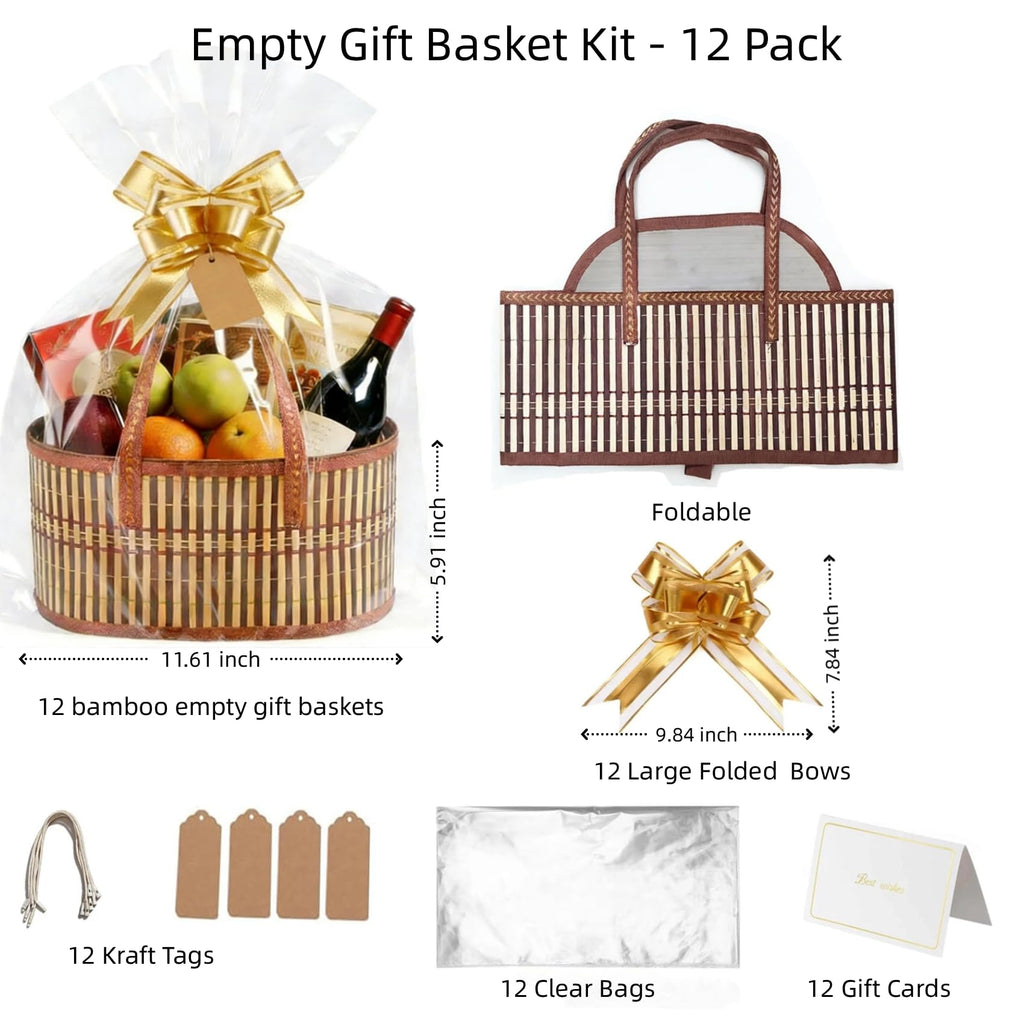 12 Set Baskets for Gifts Empty Bulk Large Woven Bamboo Gift Basket Empty