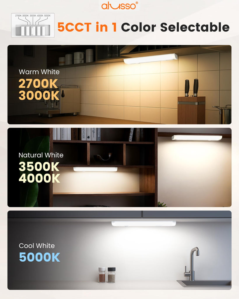 12 Inch LED Under Cabinet Lighting Hardwired & Plug in 120V, 5CCT Color Selectable 2700K-5000K Dimmable 6W 510LM High