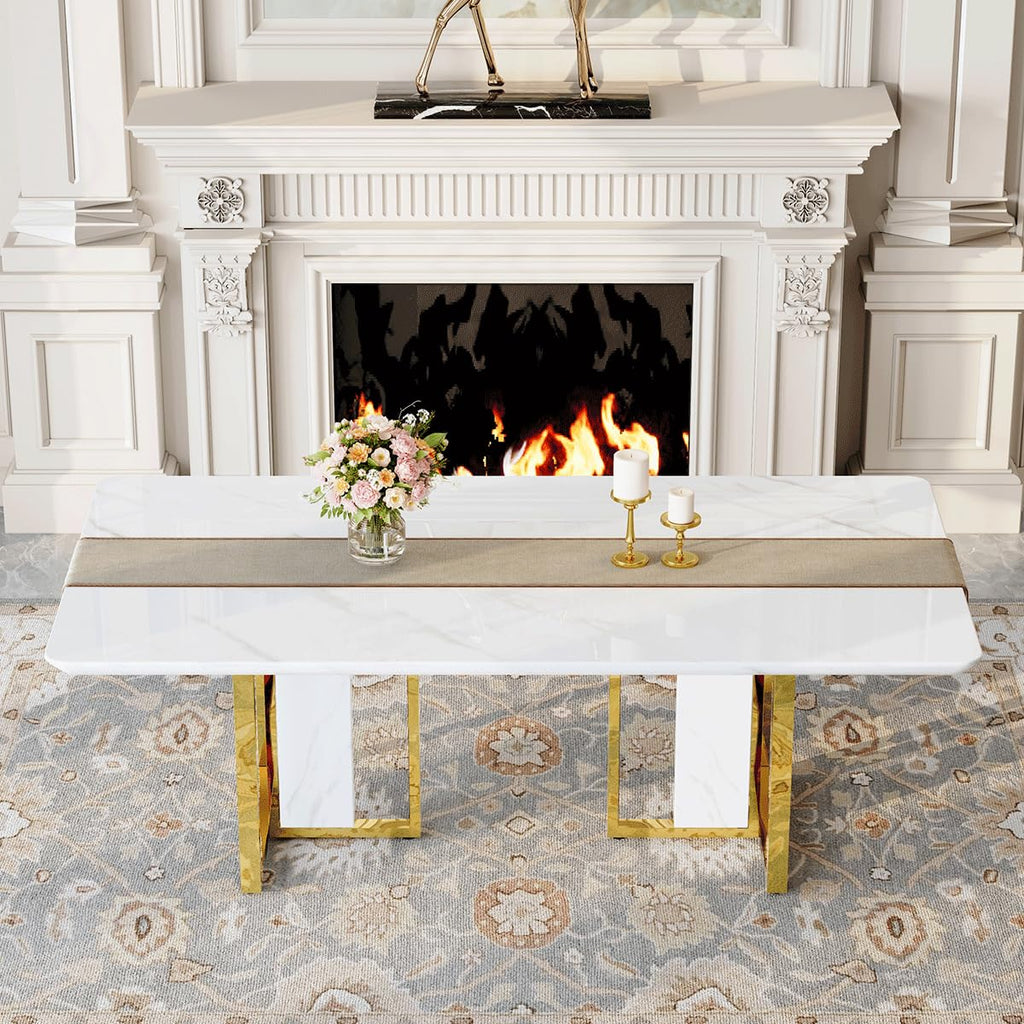 79" White Gold Marble Dining Table for 8-10