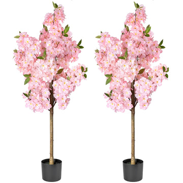 Set of 2 Artificial Cherry Blossom Trees 4FT, Faux Pink Sakura Blossom Flower Tree with Secure Heat-Fused Petals &
