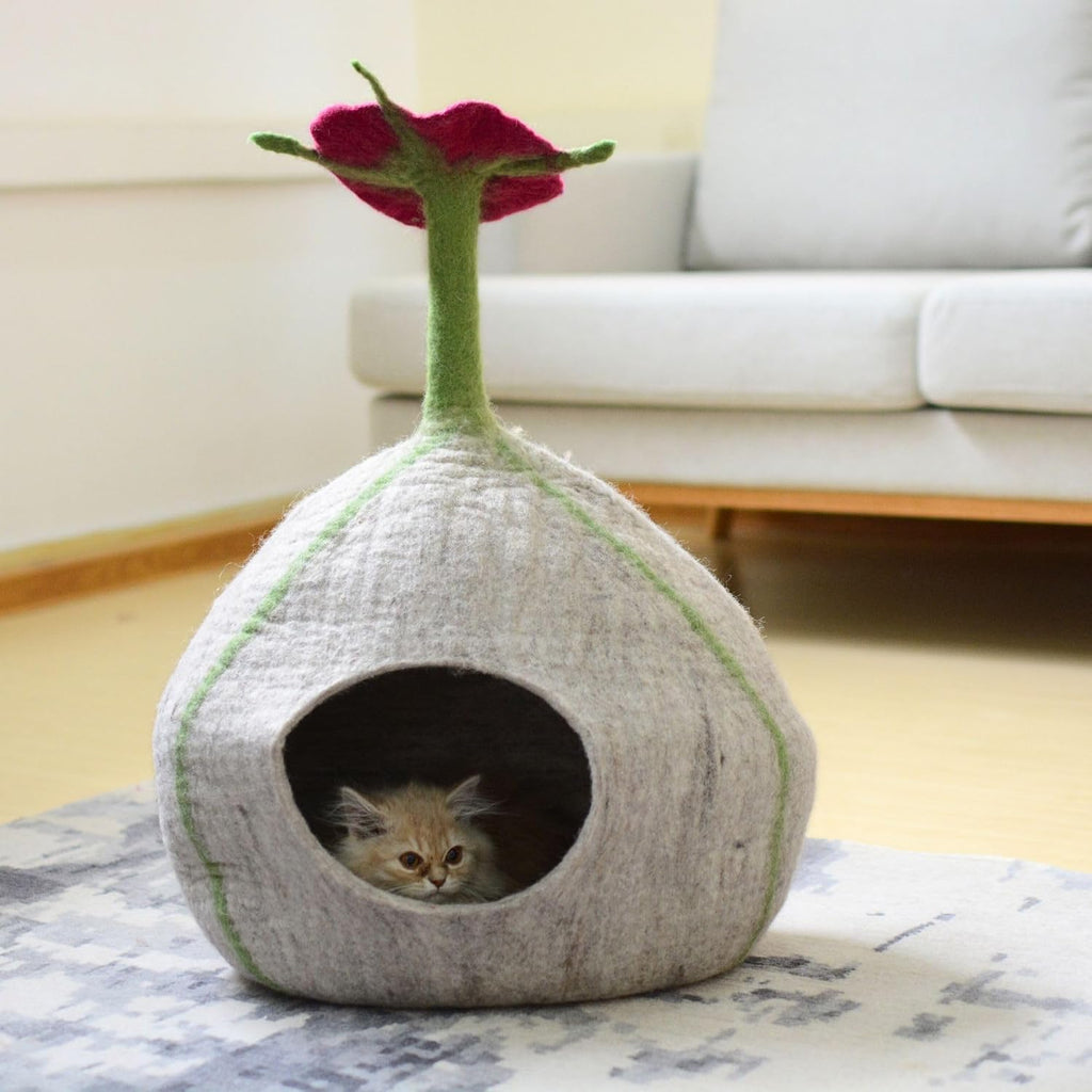 Top Flower Design Felt Cat Cave- Wool Cat Bed- Premium Pet Furniture