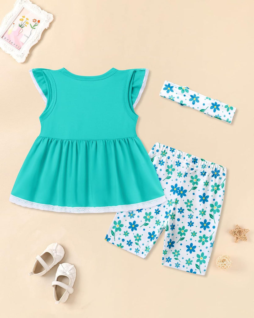 Toddler Baby Girl Shorts Set Summer Clothes 3 Piece Outfit Cute Ruffle Tops + Floral Shorts + Bows Headband