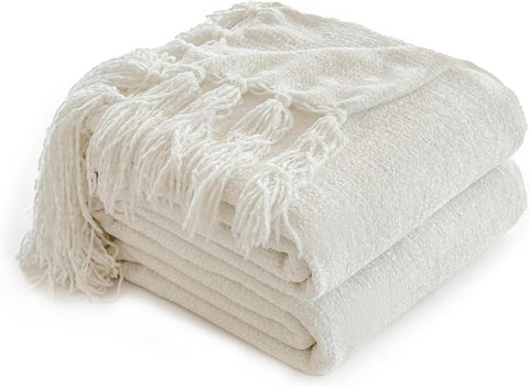 Soft Chenille Throw Blanket 50'' x 60'' - Cozy Fluffy Blanket with Fringe Tassel, Farmhouse Boho Blankets, Cream