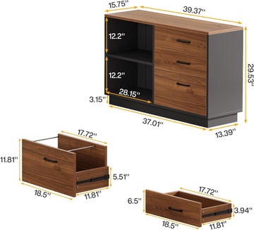 3 Drawer File Cabinet with 2 Open Shelves, Modern 39" Lateral Filing Cabinet for Letter/Legal Documents, Wooden