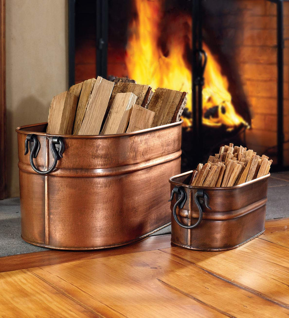 Vintage-Style Antique Copper Firewood Bucket with Wrought Iron Handles | Decorative Firewood Rack | Galvanized Steel