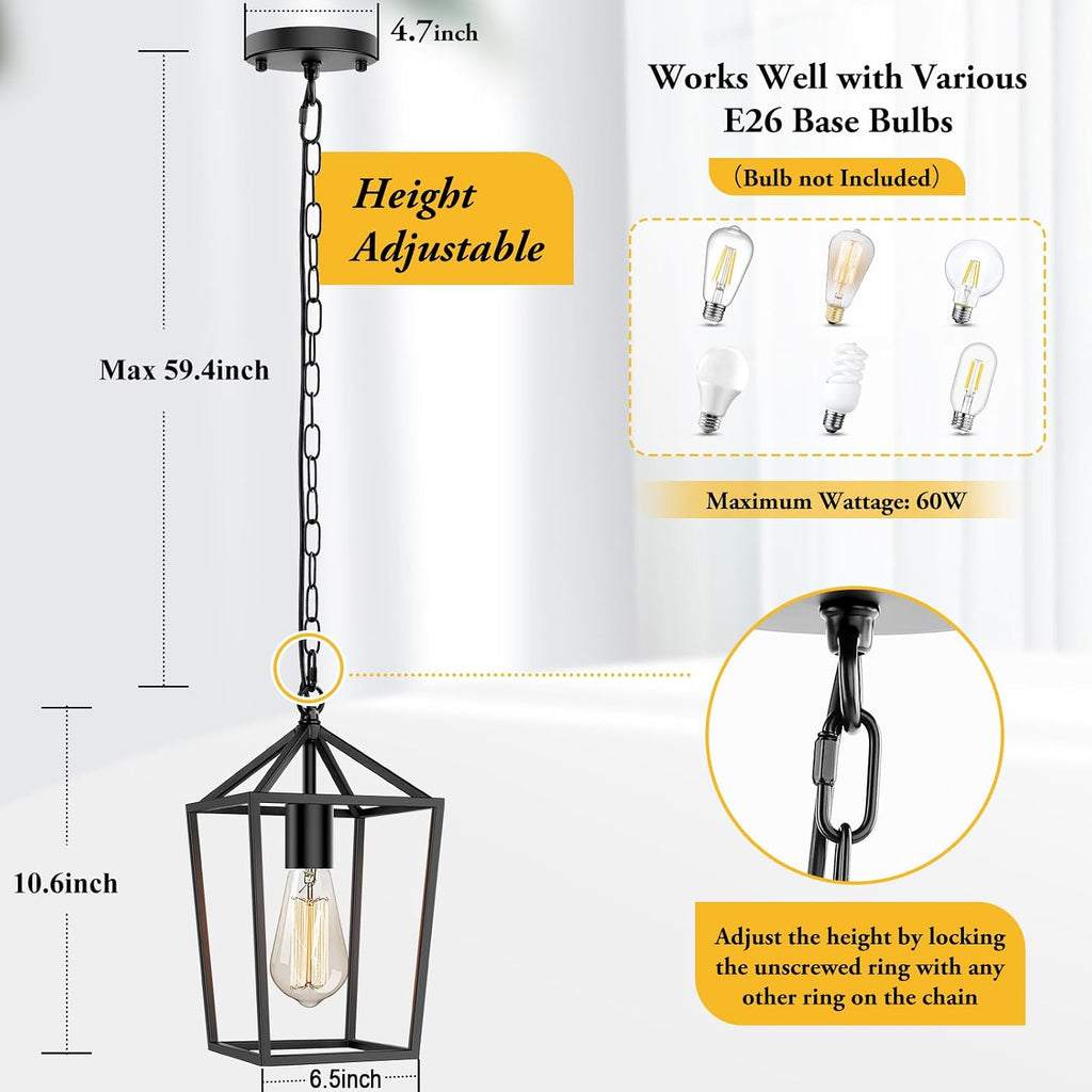 Farmhouse Black Pendant Light for Kitchen Island Industrial Hanging Lantern Fixture Modern Metal Cage Lamp Chandelier