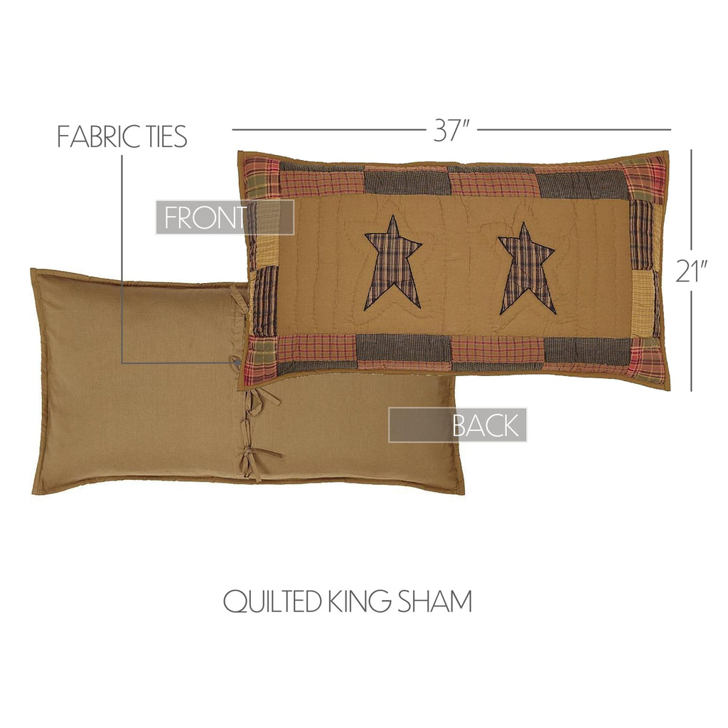Stratton Primitive King Sham Tan Appliqued Cotton Star Hand Quilted Rectangle Bedroom Decor