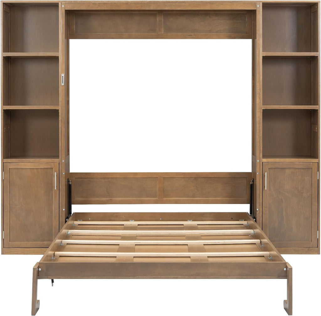 Queen Murphy Bed with Storage, Solid Wood Hidden Wall Bed Frame with Cabinets, Farmhouse Murphy Bed Fame, Can Be