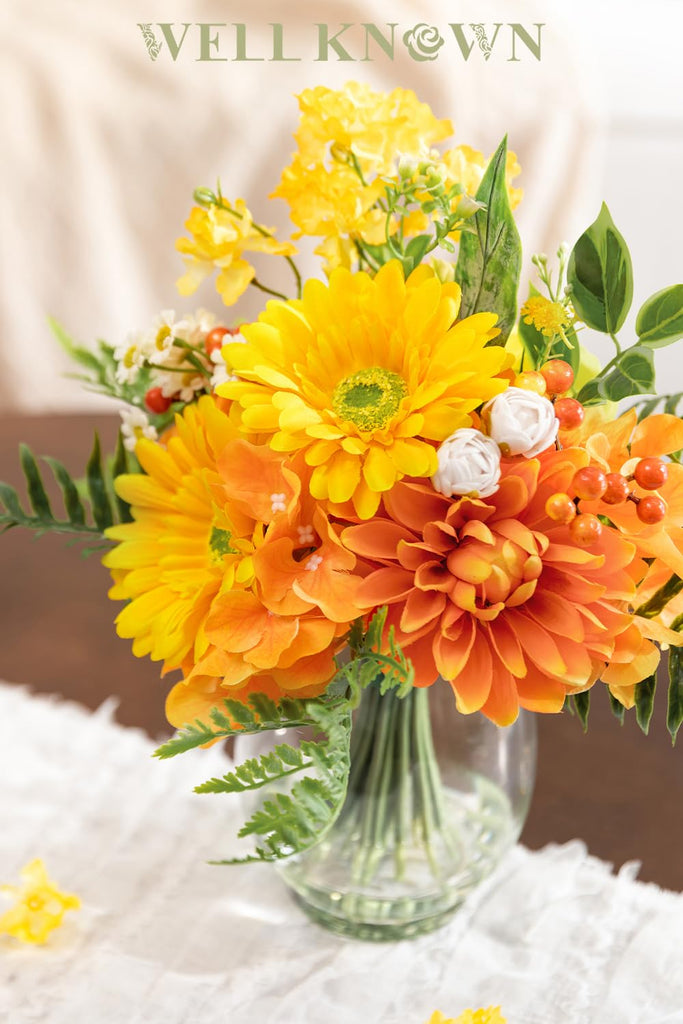 Artificial Flowers in Vase with Fake Water, Faux Silk Orange Yellow Flower
