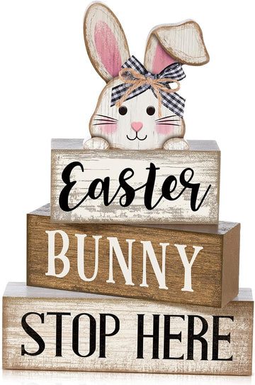 Easter Bunny Wood Signs Farmhouse Tiered Tray Table Decor - Set of 4