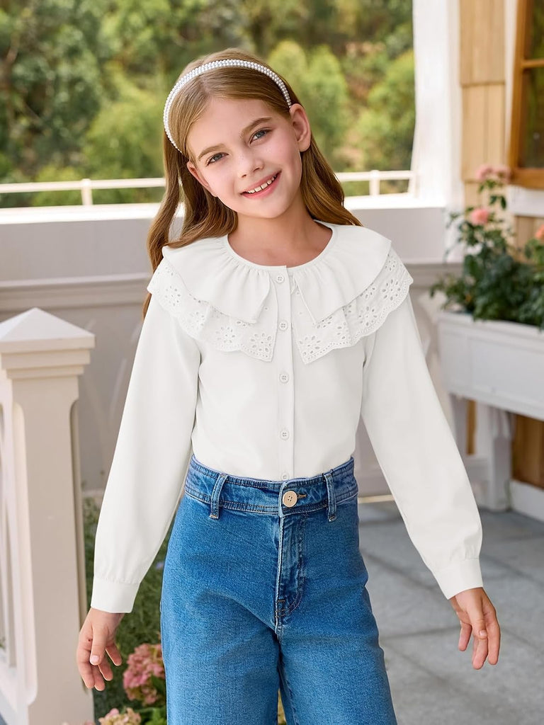 Girls Eyelet Ruffle Collar Blouse Kids Long Sleeve Button Down Shirt Cute Uniform Tops