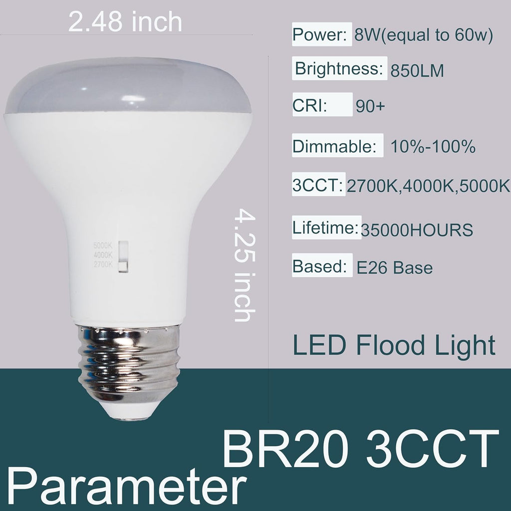 3CCT BR20 LED Bulb Dimmable 8w (60w Equivalent) 5000k Daylight Glow 2700K Warm White 4000K Cool White CRI90+