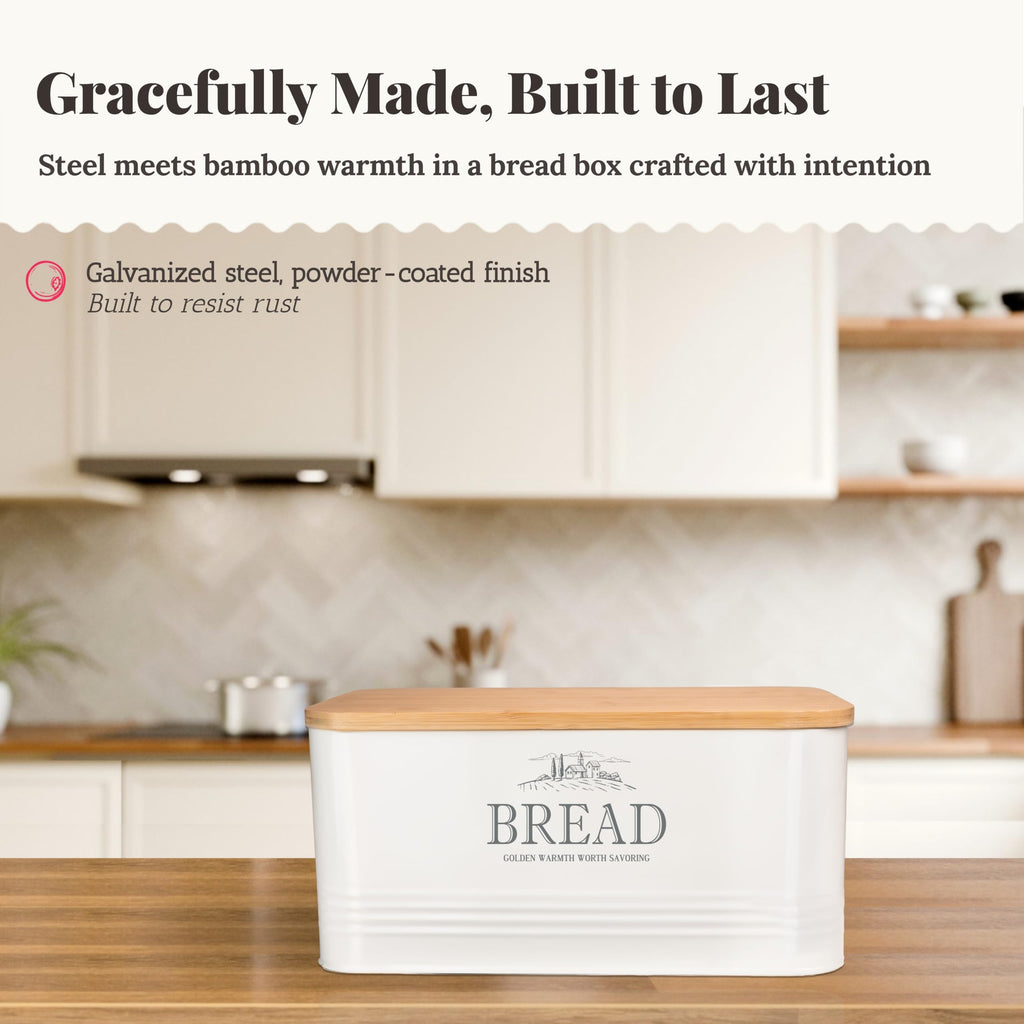 Bread Box - Metal Countertop, Bamboo Lid, Farmhouse