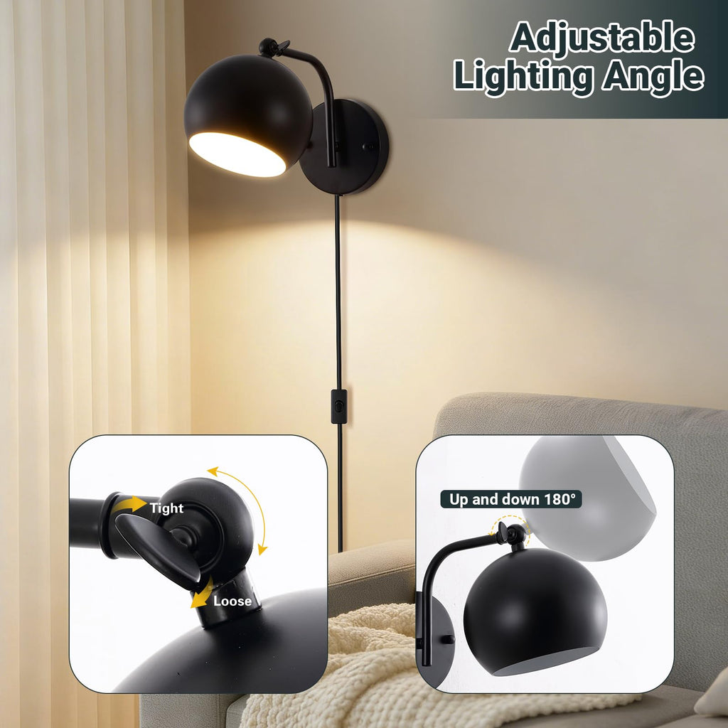 Plug in Wall Sconces Set of 2, Adjustable Angle Black Wall Lights with Plug in Cord & On/Off Switch, Bedside Wall
