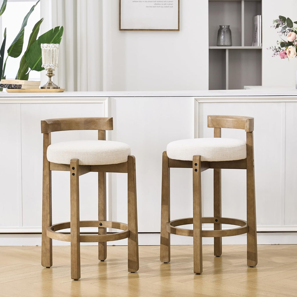 26.5" Counter Height Bar Stool, Mid Century Modern Low Back Bar Chair with Solid Wood Legs & Linen Upholstered Seat
