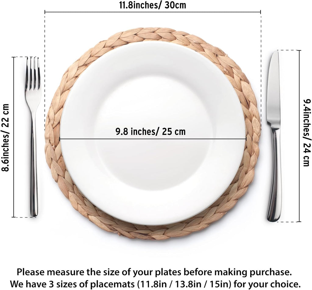 6 Pack, Round Woven Placemats, Natural Water Hyacinth Wicker Place mats, Braided Straw Table Mats, Charger Plates for