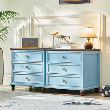 Farmhouse Nightstand Set of 2 with Charging Station, 24" Wide End Table with 3 Drawers, Dresser, Bed Side Table Chest