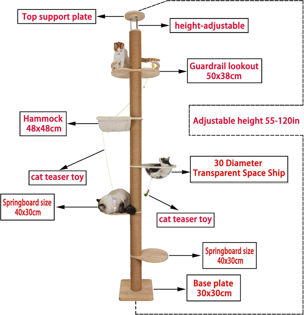 Floor to Ceiling Cat Tree Height (50-120.5in) Adjustable Cat Tower 5 Tier Hemp Scratching Post High Cat Tree Sturdy