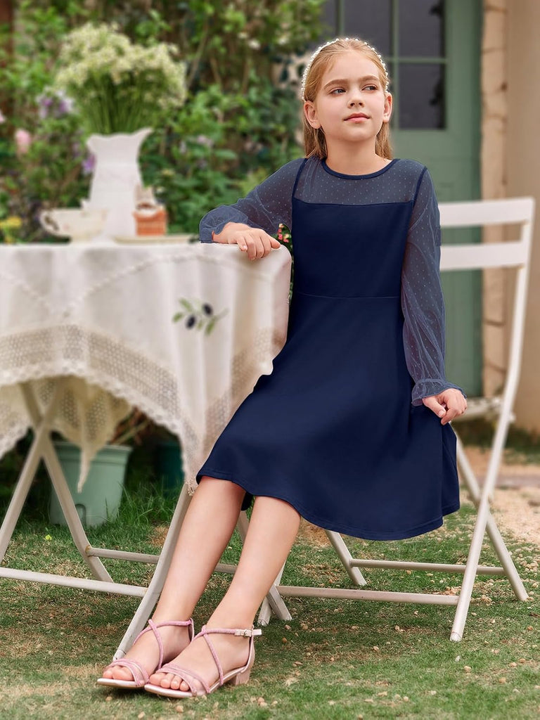 Girls Contrast Mesh Long Sleeve High Waist A Line Short Dress with Pockets