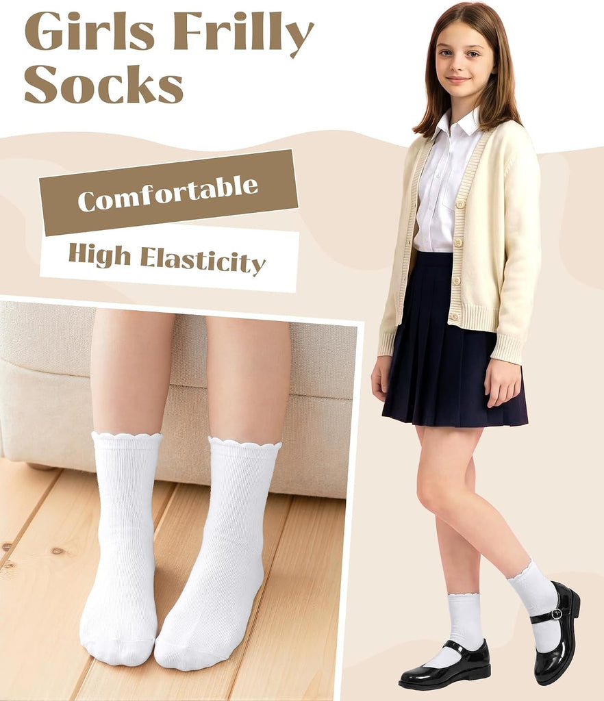 8 Pairs White Ruffle Socks for Girls, Cotton Frilly Kids Socks