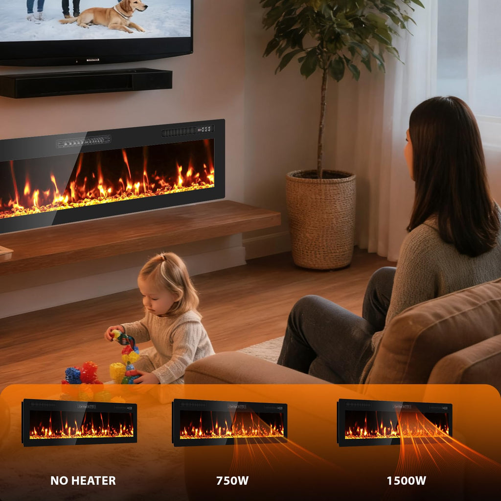 60" Electric Fireplace Recessed Wall Mounted, Ultra Thin Linear Fireplace Inserts, 12 Flame Colors, Timer, Remote &