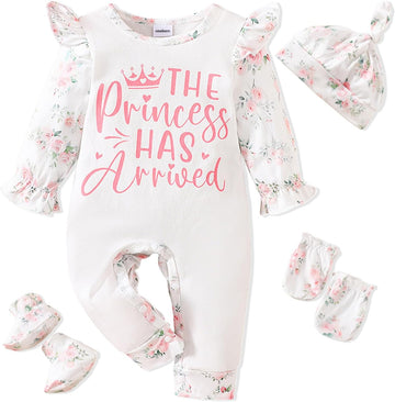 Newborn Baby Girl Outfits Infant Romper Coming Home Ruffled Jumpsuit with Hat Mittens+Booties