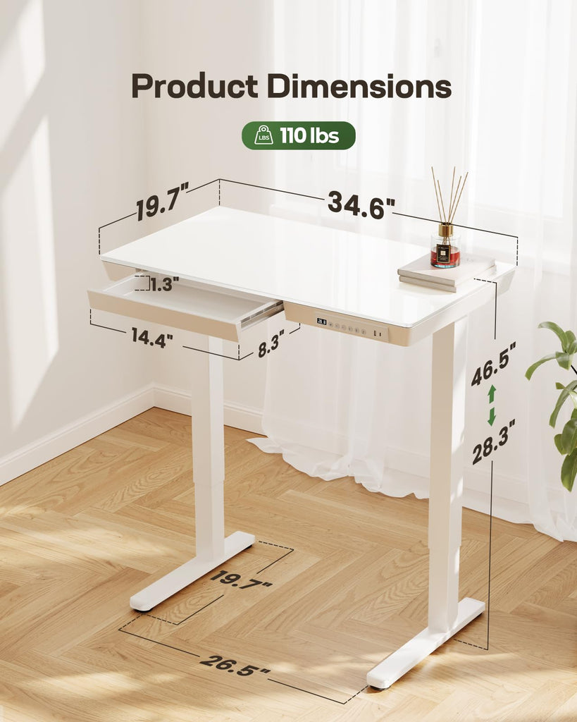 Glass Standing Desk, 35 Inch Small Sit Stand Desk, Pure White