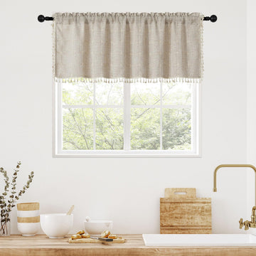 Tan Brown Boho Kitchen Valances for Windows, Modern Farmhouse Valance Curtains /Bedroom, French Country Cotton Linen